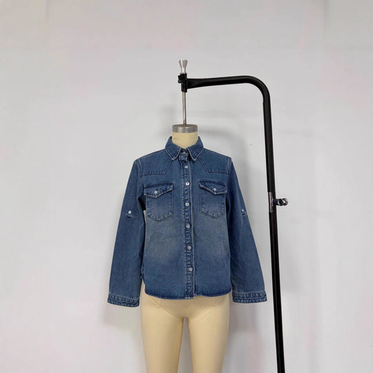 Damen lässige Denim-Bluse mit aufgesetzten Taschen und leicht tailliertem Schnitt EB