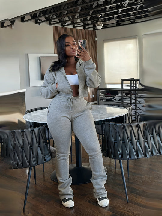 Damen nan kurz geschnittenes Zip-Hoodie und Highwaist-Jogginghose-Set mit Kordelzug und leicht gerafften Knöchelabschlüssen EB