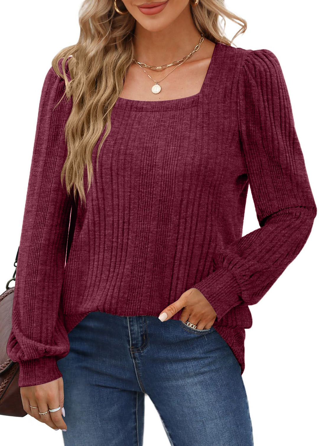 Damen gemütlicher Strickpullover mit Rippstruktur und Puffärmeln EB