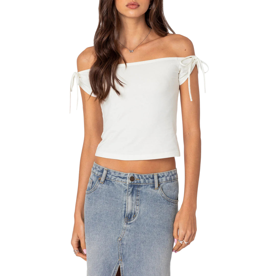 Damen raffiniertes Off-Shoulder T-Shirt mit eleganten Bindebändern EB
