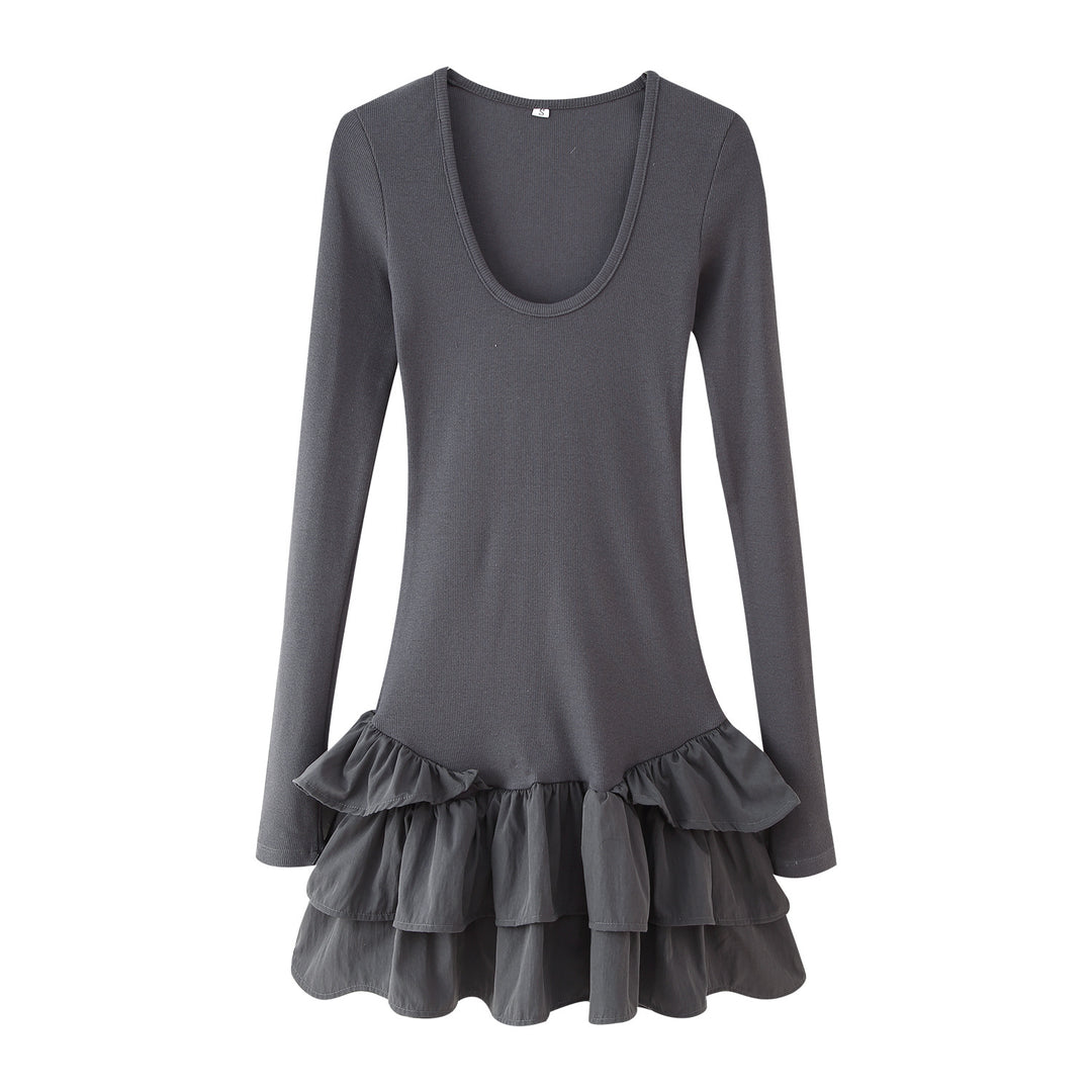 Damen Langarmkleid mit Rüschensaum EB
