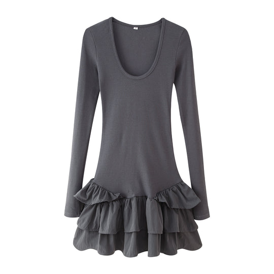 Damen Langarmkleid mit Rüschensaum EB