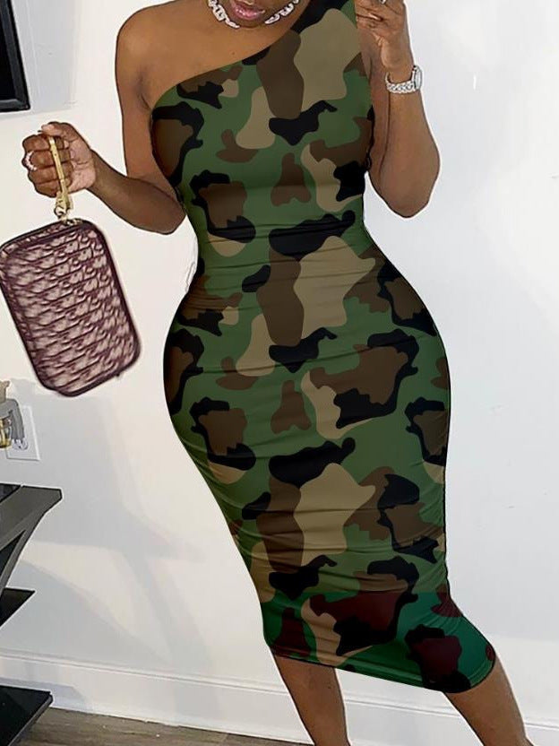 Damen Figurumspielendes Kleid mit eindrucksvollem Grafikmuster und asymmetrischem Schnitt EB