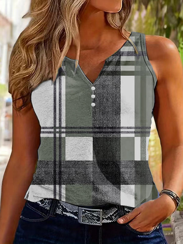Damen ärmelloses V-Neck Top mit dekorativem Knopfdetail und modernem Karomuster EB
