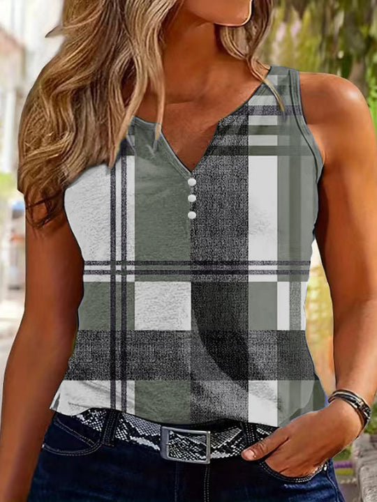 Damen ärmelloses V-Neck Top mit dekorativem Knopfdetail und modernem Karomuster EB