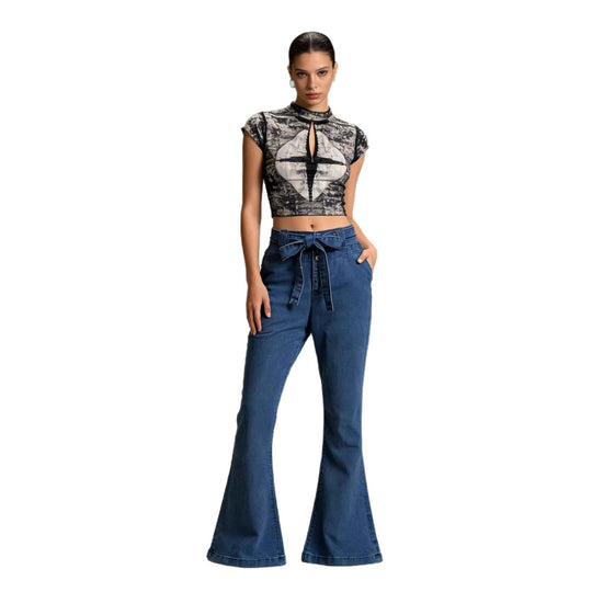 Damen nan High‑Waist Denimhose mit Schleifenbund, hoher Taille und weitem Schlag EB