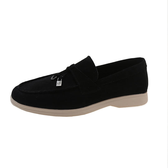 Damen lässige Veloursleder-Optik Slipper mit dekorativer Zierkordel, weichem Komfortfußbett und flexibler Leichtsohle EB