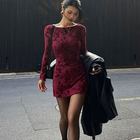 Damen Floral Minikleid mit transparenten Ärmeln EB