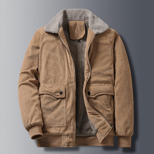 Herren Cordjacke im Worker‑Stil mit Sherpa‑Futter, Reißverschluss und gerippten Bündchen EB