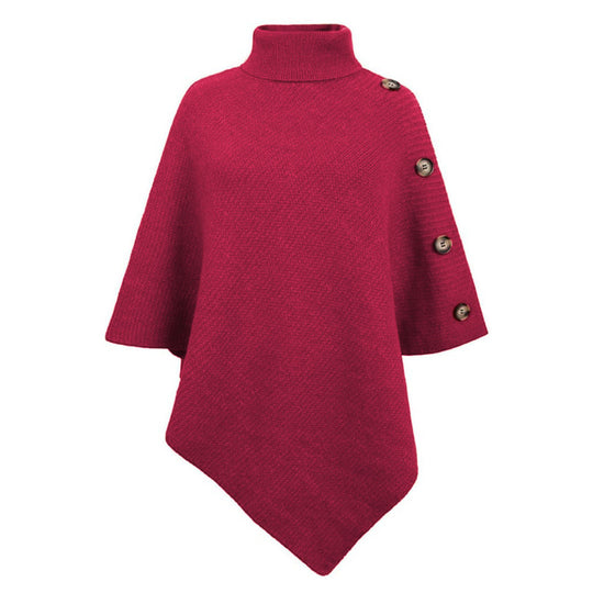 Damen nan asymmetrischer Strickponcho mit Rollkragen und dekorativer Knopfleiste EB
