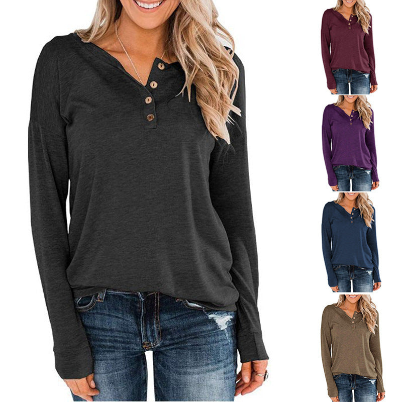 Damen modisches Langarm-Henley-Shirt mit Knopfleiste EB