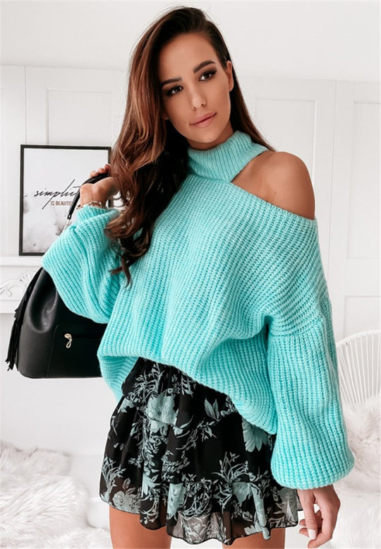 Damen lässiger Strickpullover mit offener Schulter und hohem Kragen EB