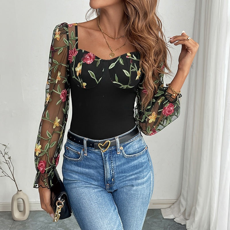 Damen Bestickter Mesh-Bodysuit mit herzförmigem Ausschnitt und langen Puffärmeln EB