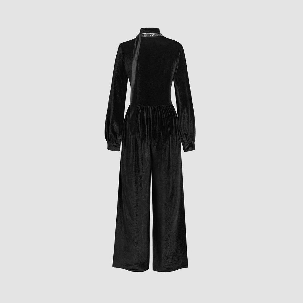 Damen eleganter Samt-Jumpsuit mit schickem Kragen und weitem Bein EB