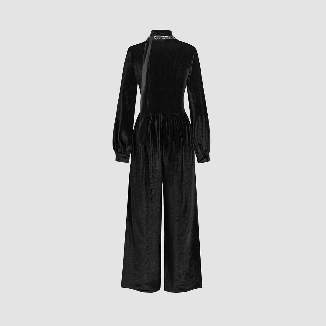 Damen eleganter Samt-Jumpsuit mit schickem Kragen und weitem Bein EB