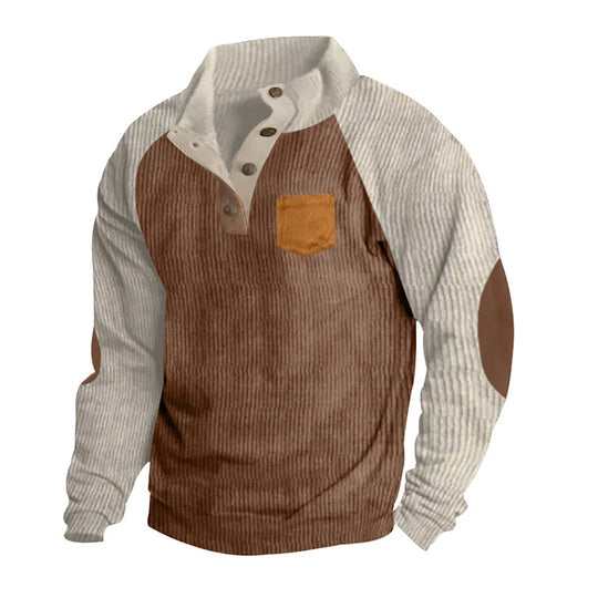 Herren Geripptes Henley‑Pullover mit Raglanärmeln, Ellenbogen‑Patches & Brusttasche EB