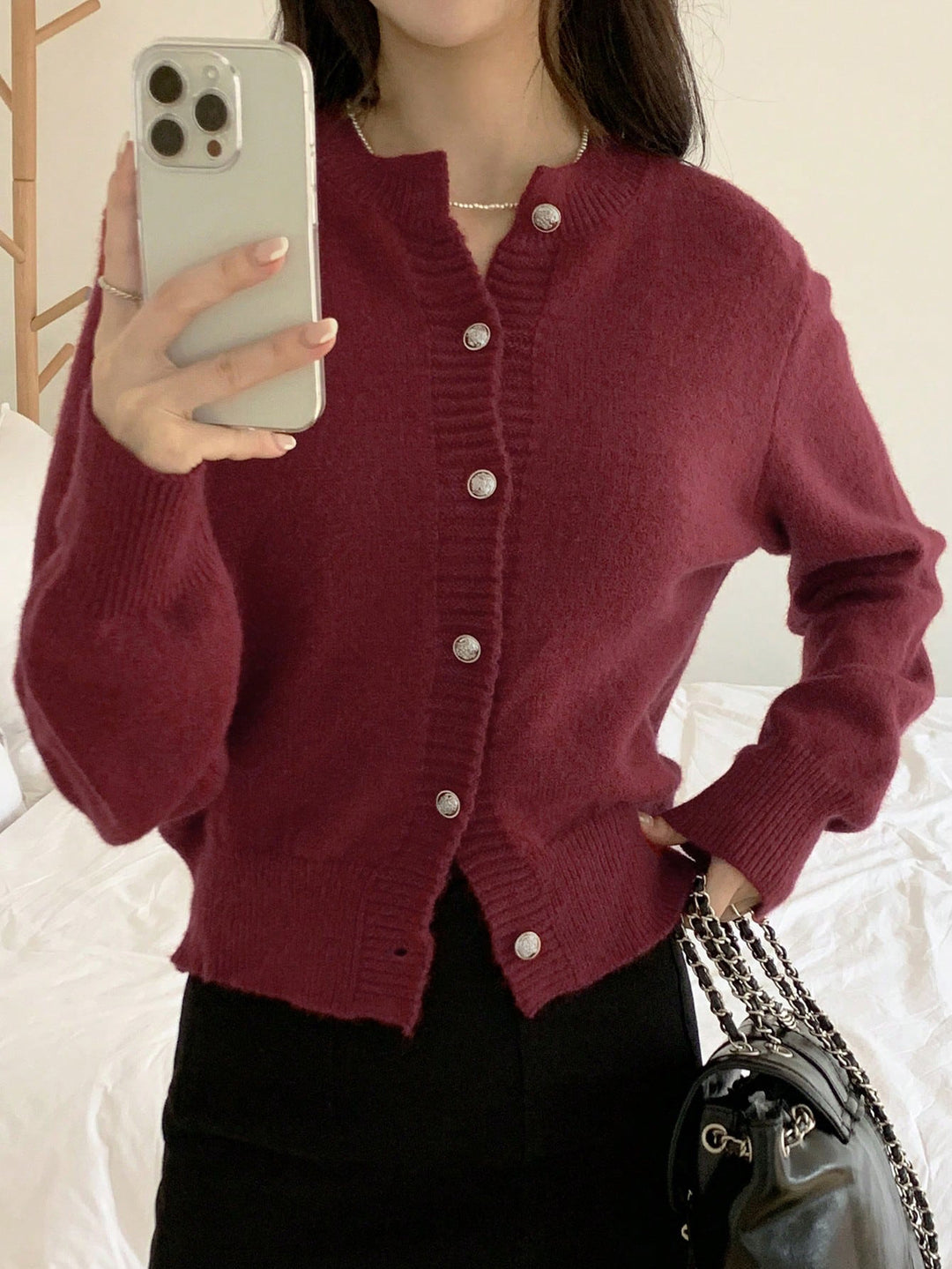 Damen Modischer Strickcardigan mit Knopfleiste und feiner Rippstruktur EB