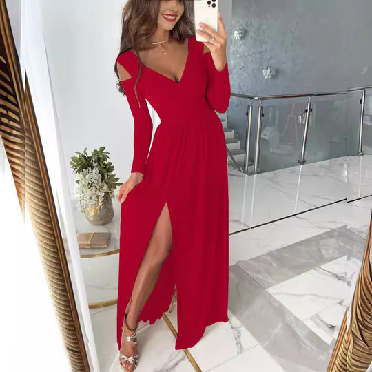 Damen elegantes und figurschmeichelndes Kleid mit langen Ärmeln und seitlichem Schlitz EB