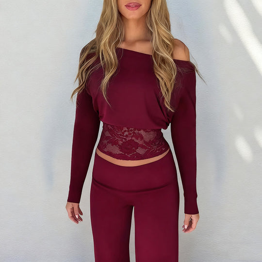Damen elegantes Crop-Top mit Spitzenbesatz und langen Ärmeln EB