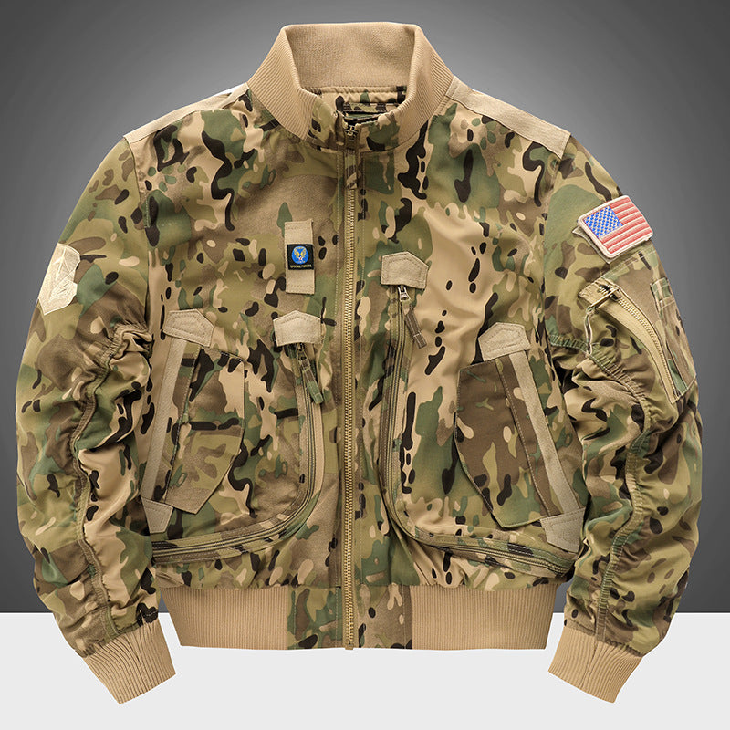 Men's  pilot-style cropped utility flight bomber with multi-zip pockets and ribbed collar EB