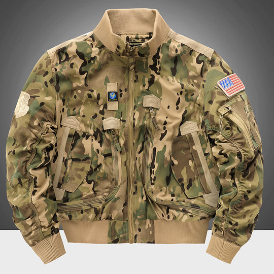 Men's  pilot-style cropped utility flight bomber with multi-zip pockets and ribbed collar EB