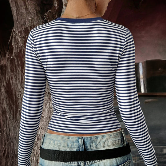 Damen nan gestreiftes eng anliegendes Langarm-Cropped-Shirt aus Stretchjersey mit Rundhalsausschnitt EB