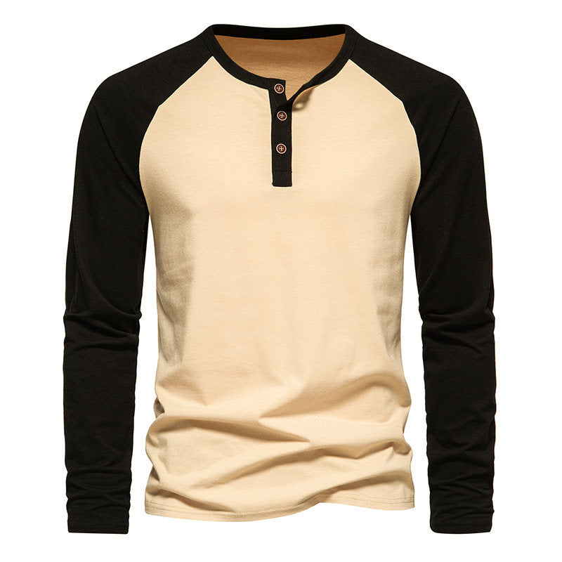 Herren Langarm-Henley-Shirt mit kontrastierenden Ärmel und modischem Knopfdesign EB