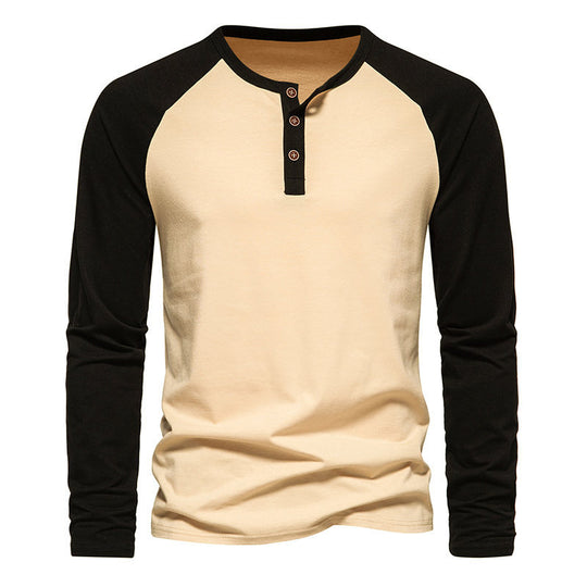 Herren Langarm-Henley-Shirt mit kontrastierenden Ärmel und modischem Knopfdesign EB