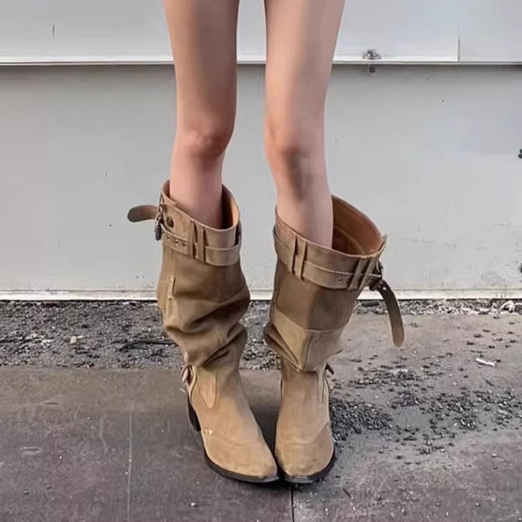 Damen kniehohe Stiefel mit robustem Absatz und stylishen Riemendetails EB