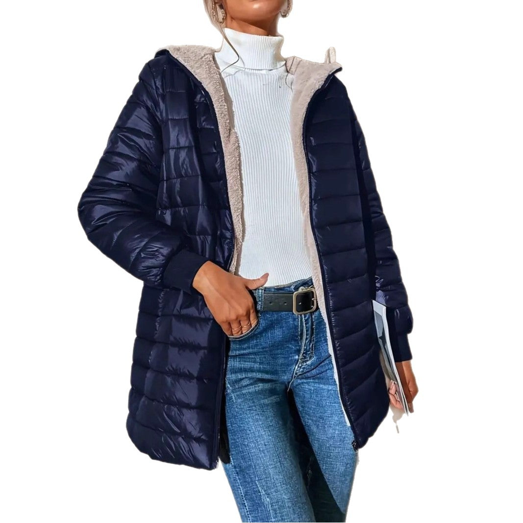 Damen Langer Steppmantel mit Teddyfutter und Kapuze EB