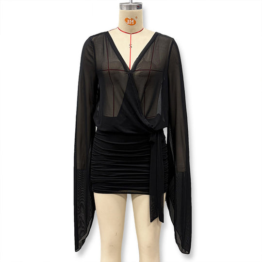 Damen Wickelbluse mit transparenten Ärmeln und figurformendem Design EB