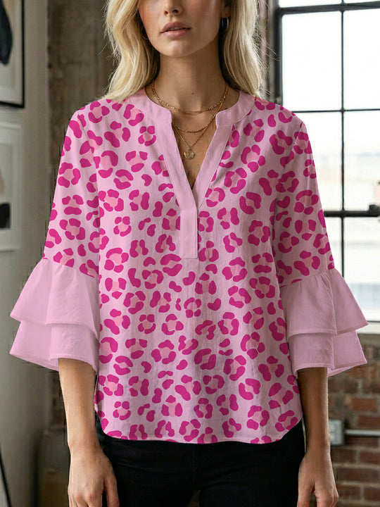 Damen Bluse mit Rüschendetails und auffälligem Animal-Print EB