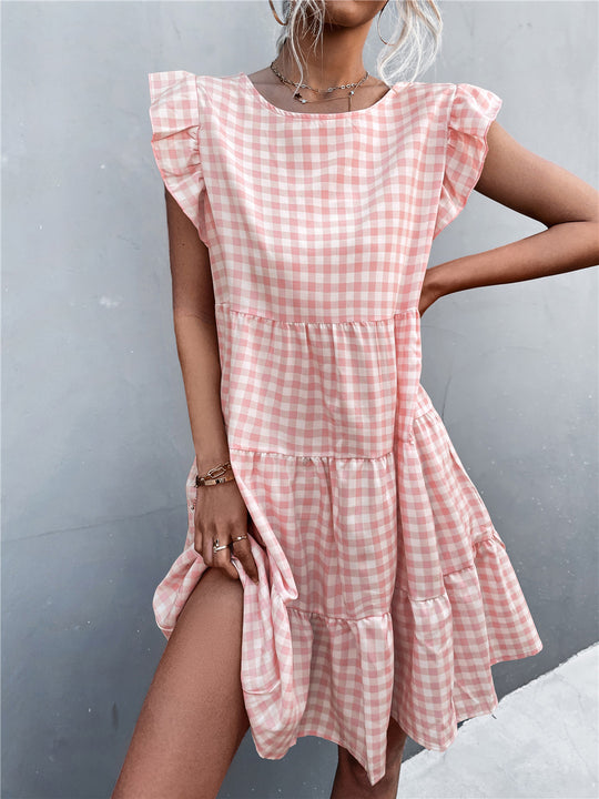 Damen Viskosekleid mit Rüschendetails und kariertem Design EB