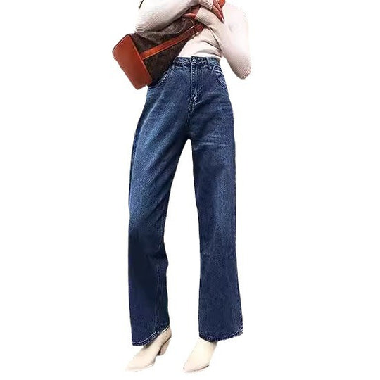 Damen nan hochgeschnittene weite Denim-Hose mit geradem Schlag und klassischem Five-Pocket-Design EB