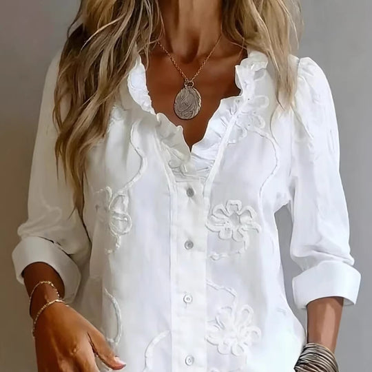Damen elegante Bluse mit floralen Stickereien und voluminösen Ärmeln EB
