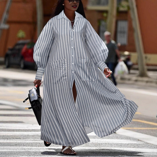 Damen Maxikleid mit eleganter Knopfleiste und modischen Puffärmeln EB