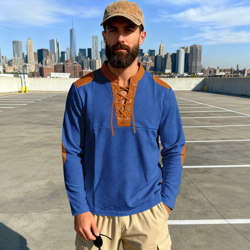 Herren Waffelstrick-Langarmshirt mit Schnürung und Kunstvelours-Ellbogenpatches EB