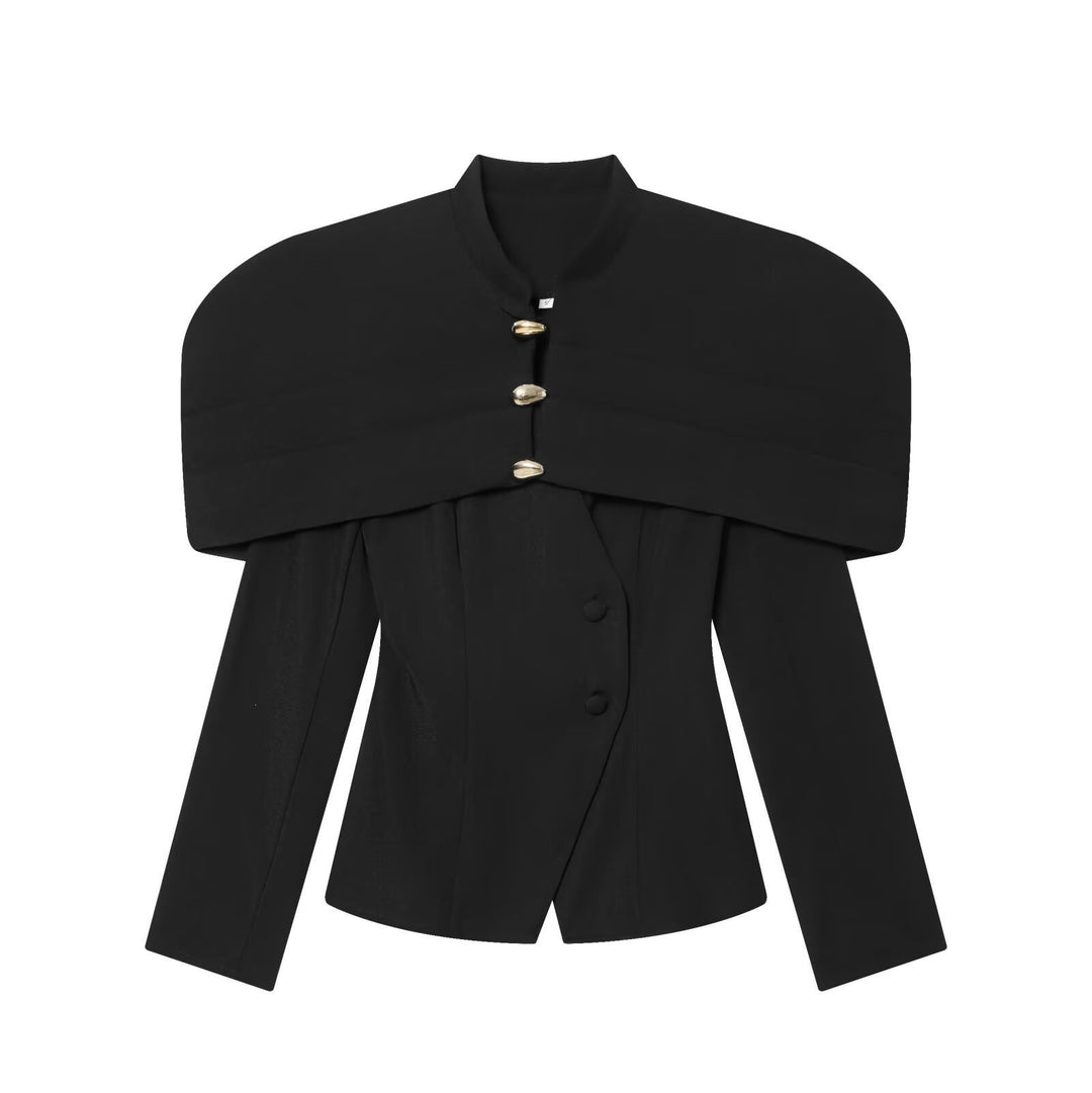 Damen elegante Blazerjacke mit übergroßen Schulterklappen und goldenen Knopfdetails EB