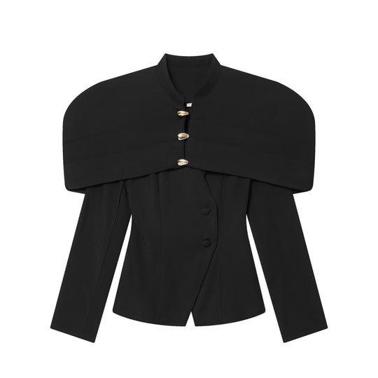 Damen elegante Blazerjacke mit übergroßen Schulterklappen und goldenen Knopfdetails EB