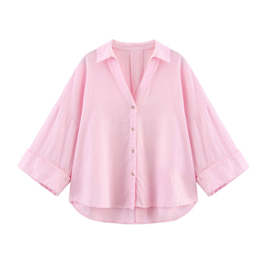 Damen lässige Bluse mit voluminösen Ärmeln und durchgehender Knopfleiste EB