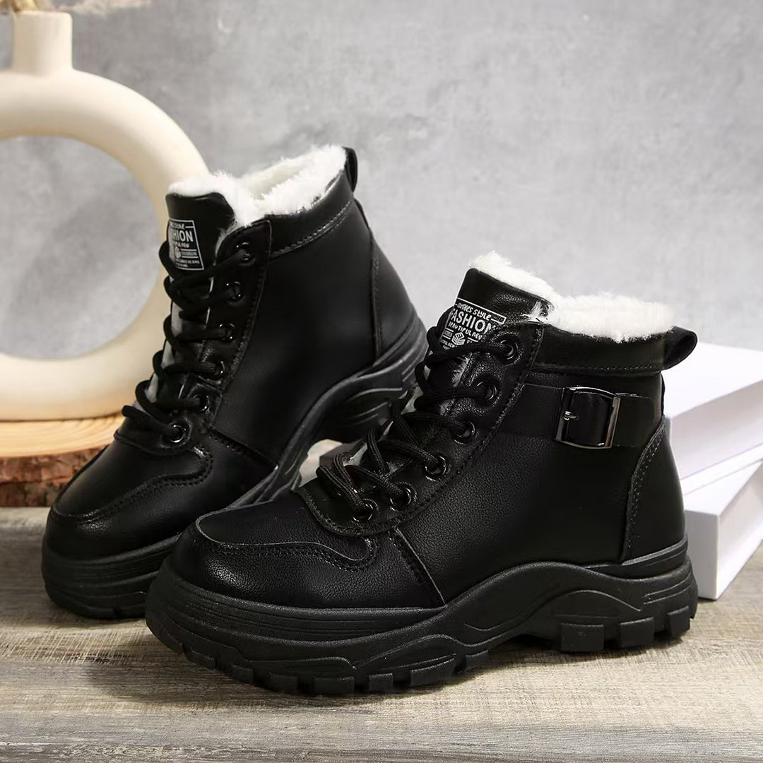 Damen  gefütterte Plateau-Schnürstiefelette mit dekorativer Metallschnalle und profilierter Gummilaufsohle EB
