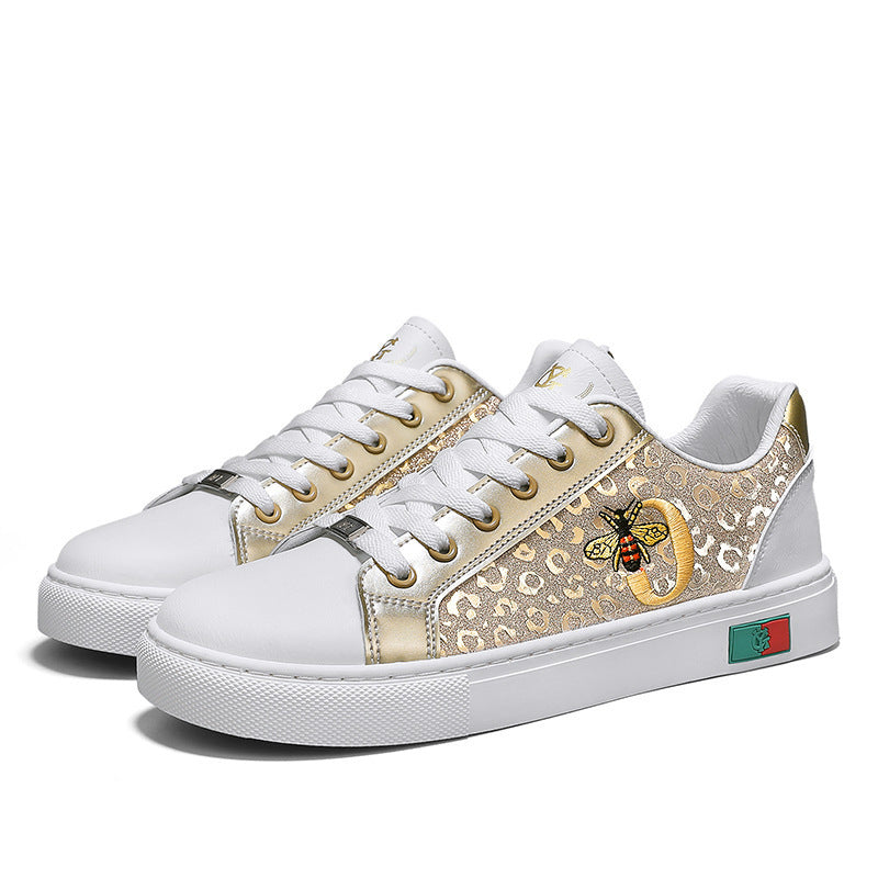 Damen verzierte Low-Top Sneaker mit Bienen-Stickerei und goldener Animal-Print-Optik EB