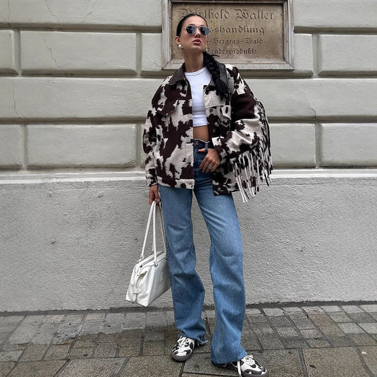 Damen Oversized Fransenjacke mit Kuhmuster EB