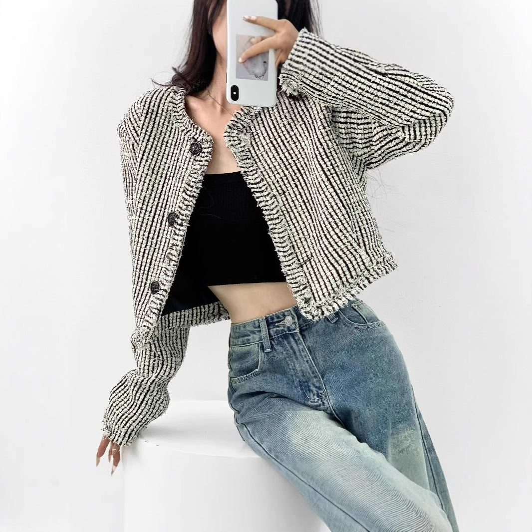 Damen trendige Bouclé-Jacke mit dekorativen Knöpfen und lässigem Schnitt EB
