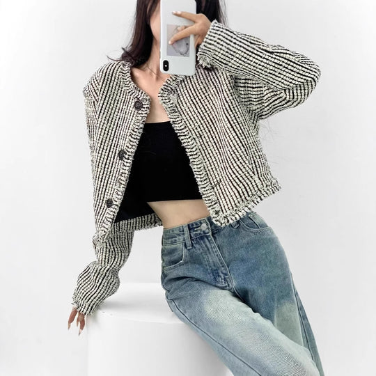 Damen trendige Bouclé-Jacke mit dekorativen Knöpfen und lässigem Schnitt EB