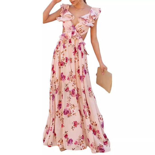 Damen Elegantes Maxikleid mit Rüschendetails und floralem Design EB
