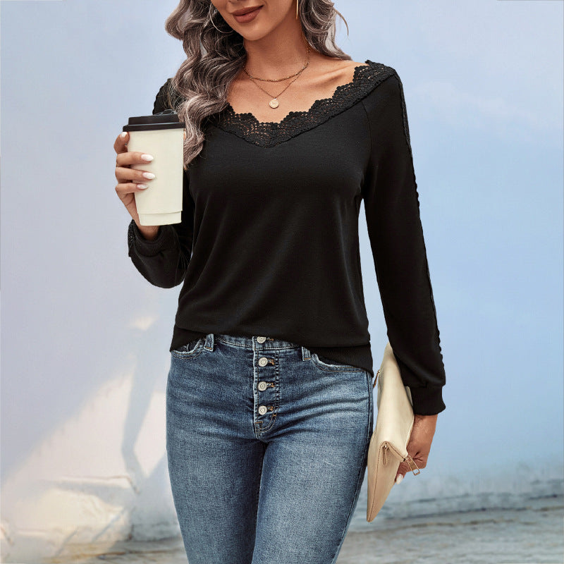 Damen Elegantes Oberteil mit Spitzendetails und Rundhalsausschnitt EB