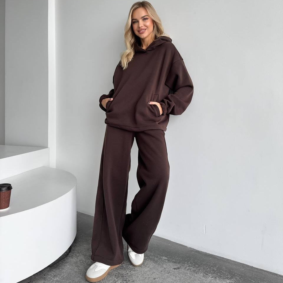 Damen Oversize Loungewear-Set aus schwerem Sweat mit Kapuzenpullover und weitem hochgeschnittenem Jogger EB