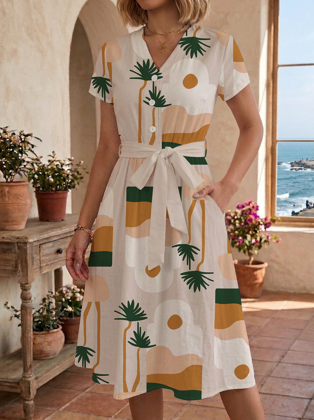 Damen lässiges Kleid mit modernem Leoprint und taillierbarem Gürtel EB