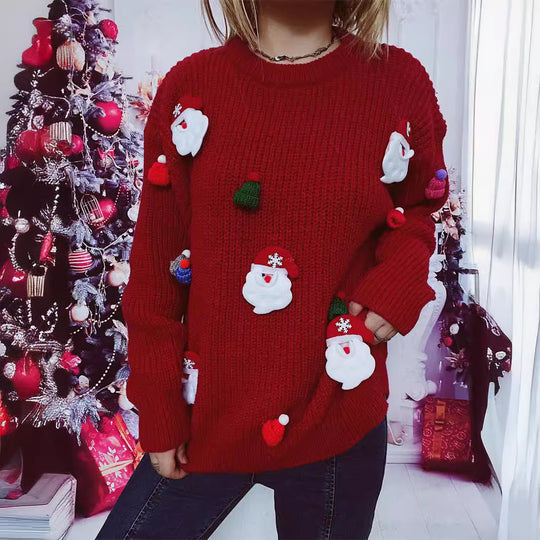 Damen Weihnachts-Pullover mit festlichem Santa-Motiv und strukturierter Strickqualität EB